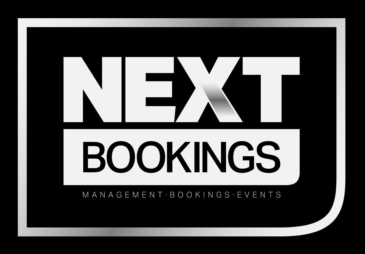 Next Bookings logo with bold metallic text NEXT above a white rectangle containing the word BOOKINGS in black, and smaller text below reading MANAGEMENT BOOKINGS EVENTS.